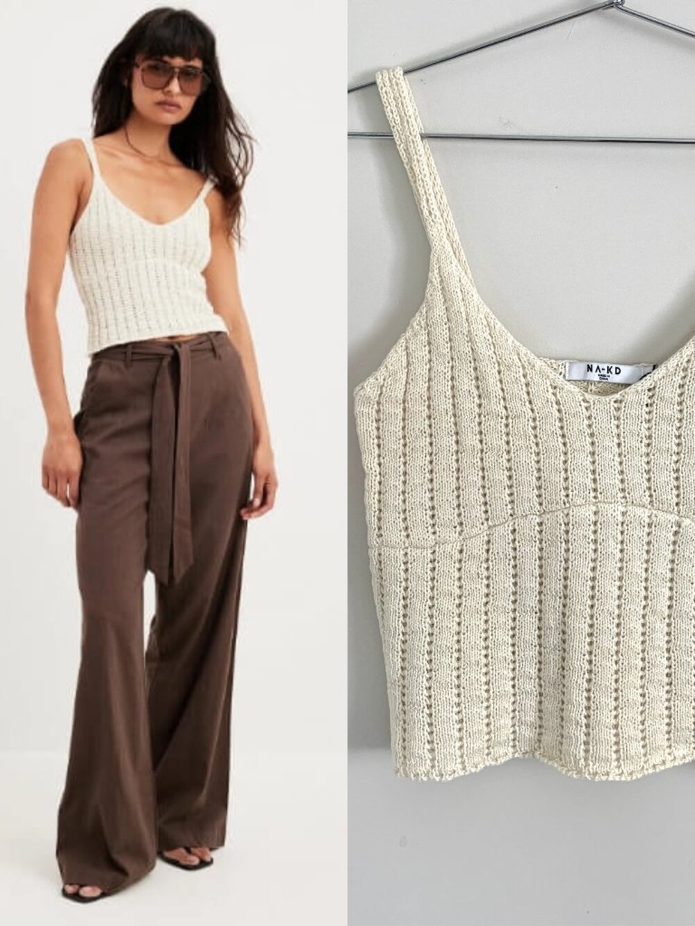 NWT NA-KD Cream White Pointelle Knit Ribbed Camisole Tank Top Minimalist M